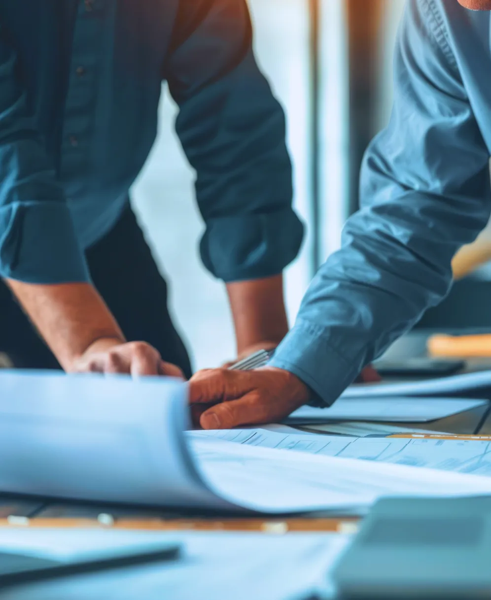 デスク上で設計図を確認するビジネスパーソンの手元